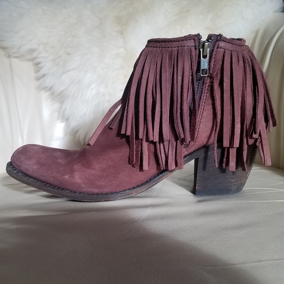 Burgundy wine real leather fringe booties - Picture 1 of 7
